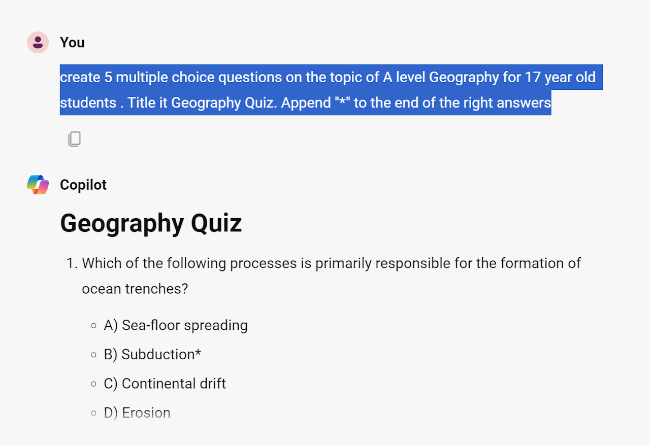 Screenshot from the Copilot and Microsoft Forms quiz tutorial